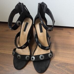 Boho Embellished Black Strappy Block Heels with Stud Accents